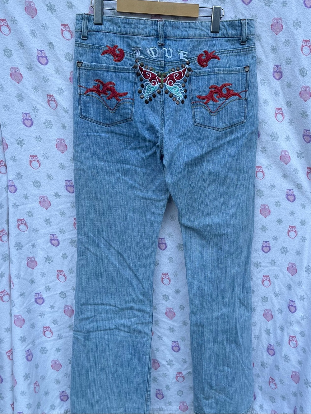 Soho Light Blue Bootcut Jeans with Red Embroidered Butterfly